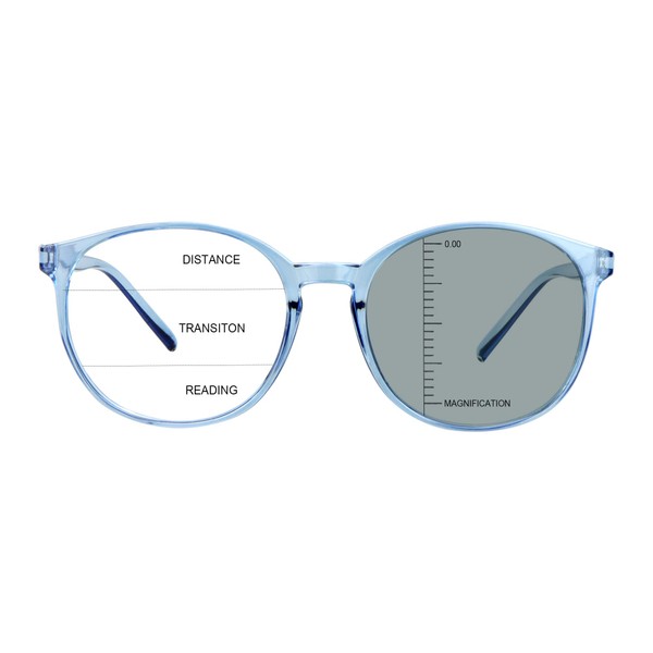 LAMBBAA Gafas presbíopes multifocales redondas vintage progresivas, lentes de sol fotocromáticas grises para hombres y mujeres lectores, Transparente Azul, +0.00/+2.50