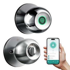 SISAV Smart Fingerprint Door Lock with App Control & Key, Double-Tap Auto-Lock, Biometric Door Knob for Bedroom, Apartment, Office, Hotel, Garage - Silver