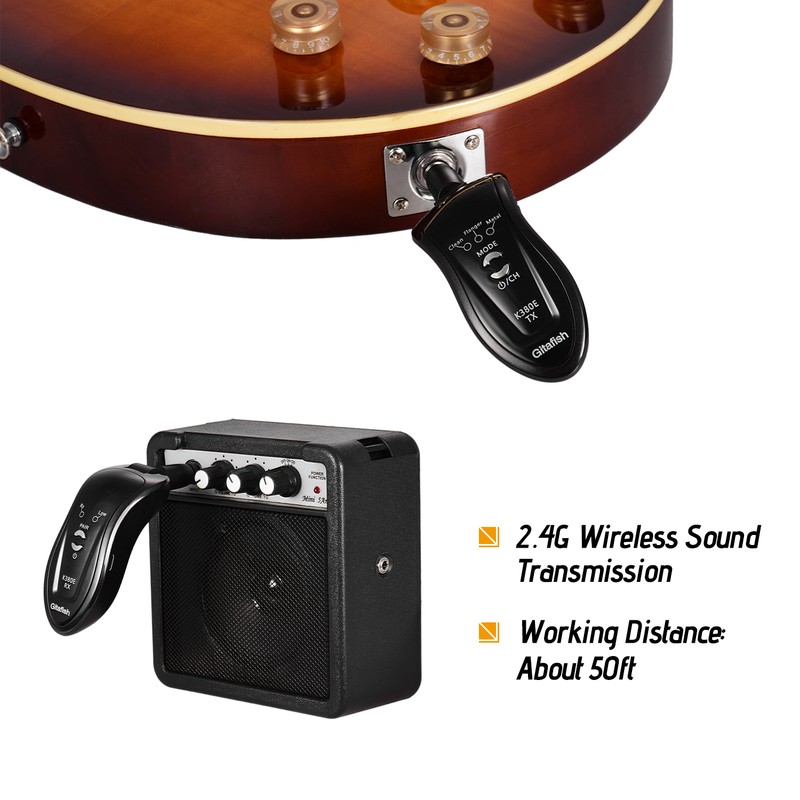 2.4G Wireless Guitar System Transmitter Receiver Built-in Rechargeable Battery 15-20m
