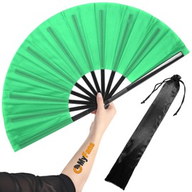 OMyFans Large Rave Folding Hand Fan - Foldable Chinese Tai Chi Kung Fu fan - Ideal for Festivals, EDM, Dancing, Hot Flashes, Church and Gifts (Green)