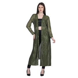 AOL Women's Long Power Net Open Neck Sequinned Shrug(Olive Green, Free Size)