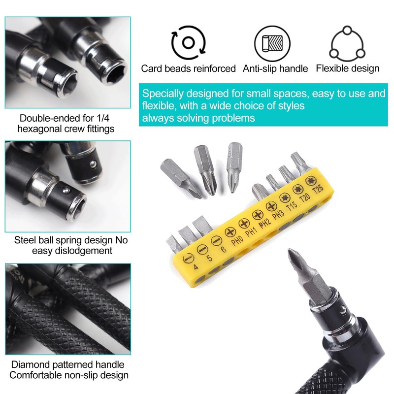 14-Piece Angle Screwdriver Set, 105° Angle Attachment for Cordless Screwdriver,