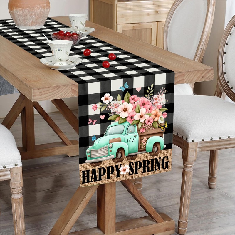 Spring Table Runner, Buffalo Plaid Truck Flowers Happy Easter Table