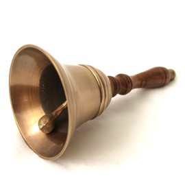 Antique Brass Hand Bell with Wooden Handle, Height 17 cm, Desk Bell