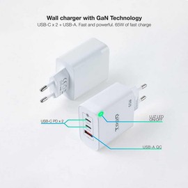 TOOQ TQWC-GANQC2PD65WT - 3-Port Wall Charger with GaN Technology, 2 USB-C PD Ports and 1 USB-A QC Port 65W, Colour White