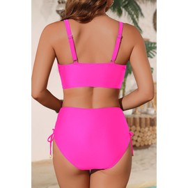 High Waisted Bikini - Two Piece Swimsuit for Women Tummy Control Modest Bathing Suit 2025 Cutout Twist Swimwear Hot Pink Small