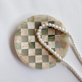 StonePlus Marble Stone Checkerboard D4.7'' Round Small Splicing Mosaic Tray Jewelry Dish (Green Jade Onyx x Travertine)