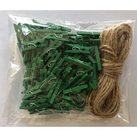 DurReus Cute Mini Wooden Clothes Pin Wedding Shower Decor Photo Clothespin with Jute Twine Green Pack 100