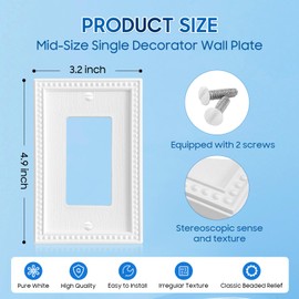 Classic Beaded Relief Design Style 4-Pack Single Decorator Pure White Modern Decorative Wall Plate, Electric Light Switch Cover for Receptacle GFCI Outlet Dimmer Switch, 1-Gang Mid-Size 3.2''*4.9''