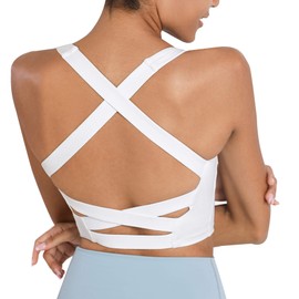 romansong Strappy Yoga Sports Bra for Women, Padded, Crisscross Back Tank Tops, White