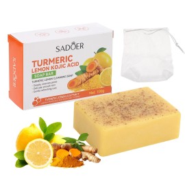 SADOER Turmeric Glow Soap Bar Lemon & Kojic Acid, Removing Dark Spots Moisturizing Skin