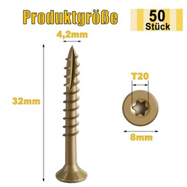 Dayalo Pack of 50 Wood Screws Torx 4.2 x 32 mm, Chipboard Screws, Wood Construction Screws, Countersunk Screws Wood, Roof Construction Screws, Universal Screws with Bit, Golden