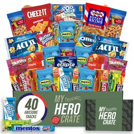 My Hero Crate Military Care Package - 40 Pcs Variety Gift Basket - Snack Variety Box Pack with Candy, Pop Tarts, Nuts, Skittles and More