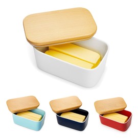 Sweese Large Butter Dish - Airtight Butter Keeper Holds Up to 2 Sticks of Butter - Porcelain Container with Beech Wooden Lid, White