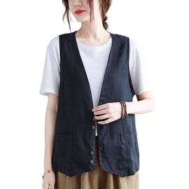 EDREES Women's Vest, Cotton Linen Summer Vest, Gilet Vest, Top, Casual, Clothing, Solid, Thin, Large Sizes, Layered Style, Vests, V Neck, Body Cover, Commuting, Fashion, Cotton Linen, Cardigan,