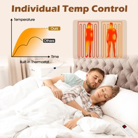 COSTWAY Heated Mattress Pad Queen Size, Zone Heating Electric Mattress Pad with Dual Controllers, 9 Heat Settings & 9-Hour Auto Off, Machine Washable Bed Warmer for up to 10 Inches Mattress, 80” x 60”