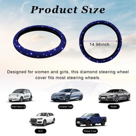 Dickno Bling Steering Wheel Cover, 15 Inch Crystal Diamond Car Steering Wheel Protector for Women Girls, Sparkling Anti-Slip Steering Wheel Decor Accessories for Most Vehicles (Blue)