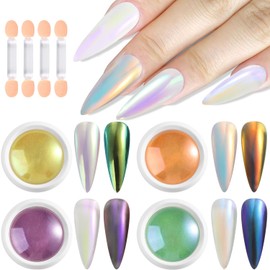 Furtherpretty Iridescent Chrome Nail Powder, 4 Colors Unicorn Chrome Nail Powder Mirror Effect Chameleon Pigment Powder For Nails Aurora Rainbow Glitter With Brushes, Professional Nail Salon Supplies