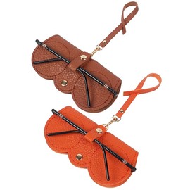PERFECTSIGHT Soft Leather Sunglasses Bag, 2 PCS Leather Glasses Case Holder Portable Soft Leather Sunglasses Bag Slim Sunglass Pouch With Button Clip Wrist Strap (Brown+Orange)