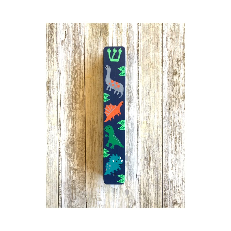 Dinosaur Mezuzah, Children's Scroll Case, Jewish Baby, Birthday Gift (Navy