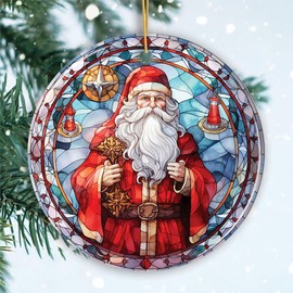 Stained Glass Themed Santa Claus Ceramic Ornament, Christmas Tree Decoration and Gift