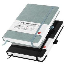 YIEO A5Notebook A5, 2 Pack A5 Notebook 200 Lined Pages 80 GSM Journal Notebook Hardback Notepad with Bookmark, Pen Loop and Expandable Paper Pocket, Journal Notepad Note Book (Balck+Grayblue)