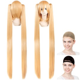 CaseEden Hatsune Miku Gold Miku Project DIVA Cosplay Wig, Twin Tails, With Vance, Gold, Blonde, White Melche Wig Net, Set of 2