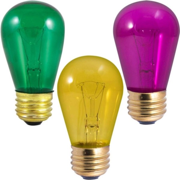 GoodBulb Mardi Gras Incandescent Light Bulbs - 11 Watt | Purple | Green | Yellow | Light Bulbs - Dimmable - E26 Base - S14 Shape (Pack of 3 Bulbs)