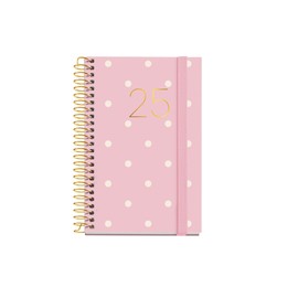 Miquelrius - 2025 Diary, 80 x 120 mm Annual Diary, Day Page Agenda, Laminated Cardboard Cover, Spiral, Elastic Closure, Paper 80 g/m², Spanish, English and Portuguese, Polka Dots