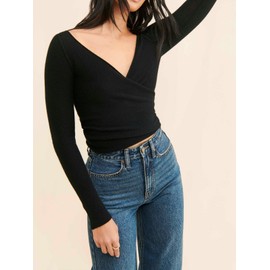 OFSOAK Women's 100% Wool Tie Front Tops Crop Solid Long Sleeve Solid V-Neck Lightweight Crochet Cardigan Crop Top Black