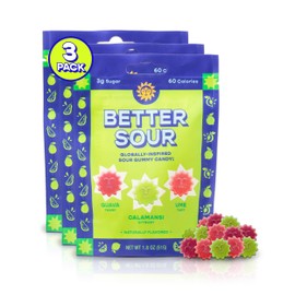 Better Sour Gummies - Guava, Calamansi, Ume - Naturally Flavored, Plant-Based, Low Sugar, Healthy Sour Gummy Candy – 3g sugar/60 cal per 1.8 oz Bag, Healthy Treats for Kids & Adults (Pack of 3)