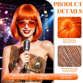 Short Bob Straight Hair Wigs with Bangs, Synthetic Fiber Colorful Hair, Cat Eye Glasses for Women (Orange)