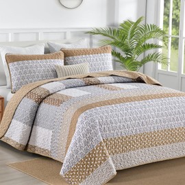 WONGS BEDDING Brown Quilt Queen Size, Bohemian Stripe Quilt Sets 3 Pieces Boho Quilted Bedspread Set Lightweight Microfiber Coverlet Bedding Set All Season (96"x90")