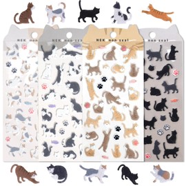 SHANGRLA Cute Cat Stickers for Scrapbooking Adults & Kids - Japanese Small Kawaii Black Tuxedo Tabby Calico Cat Paws Stickers - 4 Sheets for Planner & Journaling,Felt Made.