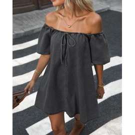 Vidifid Women's Summer Denim Dress Puff Short Sleeve Square Neck Loose Jean Mini Dresses with Pockets Black Grey