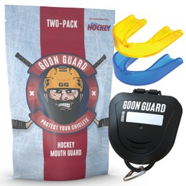 Goon Guard - Protector bucal de hockey sin tirantes - Protector bucal de hockey para adultos y aparatos ortopédicos: 2 veces la absorción de impactos, fabricado en los Estados Unidos, funda incluida (azul estanque y oro amarillo)