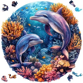 Qiuenisray Wooden Puzzles for Adults, Dolphins Jigsaw Puzzles 200 Pieces, FSC Certified Unique Shape Ocean Adult Puzzles, Irregular Wood Creative Gift for Family Game 11.2 x 11.2 in