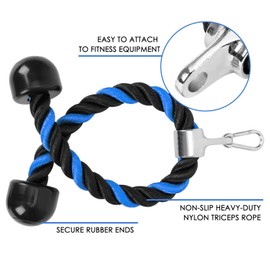 LAPONO Nylon Triceps Rope, Power Station Triceps Rope Pull Down Twisted Rope Triceps Jam for Pull Down with Non-Slip Handle Cable Pull Fitness Accessories (Black Blue, 70 cm)