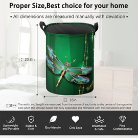 Laundry Basket,Jewel Dragonfly Clothes Hamper,Green Glitter Collapsible Laundry Bag Waterproof Oxford Cloth Storage Organizer for Bedroom,Bathroom,Nursery,Dorm,16x20 Inch