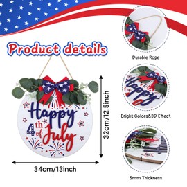 IARTTOP Happy 4th of July Wooden Sign, 11.4x11.4 inch American Independence Day Memorial Day Wreath Door Sign, Vintage Red Blue White America Patriotic Wall Decor for Party Front Door Farmhouse