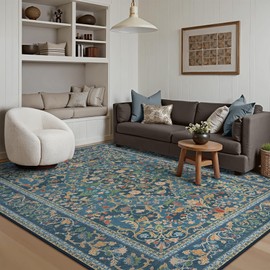 Bavni Vintage Floral Rugs 8x10, Washable Area Rug with Non Slip Backing, Low Pile for Living Room, Bedroom & Home Decor, Lightweight Carpet, Vintage Blue