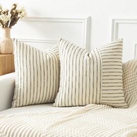 Kevin Textile Beige and Black Patchwork Farmhouse Pillow Covers 20x20 Inch, Pack of 2 Striped Linen Decorative Modern Accent Pillow Cases for Sofa Couch Bedroom