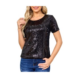 Wellotus Women's Sparkly Sequin Top Blouse Glitter Cocktail Party Costume Tee-Shirt Glitzy Night Out T-Shirts (M, Black)