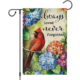 Heyfibro Always Loved Never Forgotten Memorial Spring Garden Flag 12x18 Double Sided Burlap, Spring Summer Cardinal Hydrangea Flower Garden Yard Flags for Retro Rustic Seasonal Outside Outdoor Cemetery Decoration (ONLY FLAG)