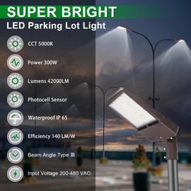 OSTEK 480V 300W LED Parking Lot Lights, Outdoor Commercial Area Lighting Fixture 42000LM - Waterproof IP65 5000K LED Shoebox Light with Slip Fitter Mount 200-480V
