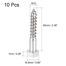 sourcing map Hex Lag Screws, M10 x 60mm 304 Stainless Steel Half Thread Self-Tapping Bolts for Wood Screw 10Pcs