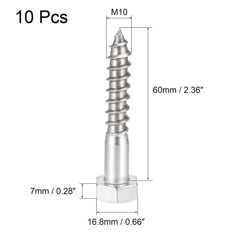 sourcing map Hex Lag Screws, M10 x 60mm 304 Stainless