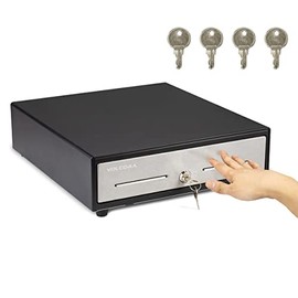 13" Manual Push Open Cash Register Drawer for Point of Sale (POS) System - Black with Stainless Steel Front Touch Panel - Small Cash Drawer with 4 Bills and 5 Coin Slots, Fully Removable Money Tray