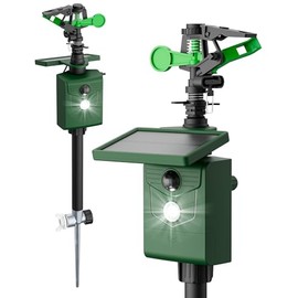 Motion-Activated Sprinkler, Solar Animal Repellent Outdoor - 2 Pack Deer Cat Deterrent with Motion Sensor & Flashing Lights, Protects Yard & Garden from Deer, Cats, Raccoons