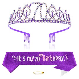 Purple 70th Birthday Tiara Sash for Princess Crown Crystal Queen Tiara Birthday Headbands Happy Birthday Decorations Birthday Sash Tiara Kit Birthday Clothing Accessories Party Supplies
